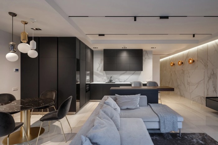 Space apartment open contemporary living room kitchen lots modern spaces designing wall dining communication through separate wood divide well flow