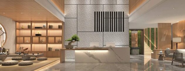 Hotel interior modern lobby office behance reception bloxburg mixed use luxury hotels wall bulding corporate building ceiling hall desk counter